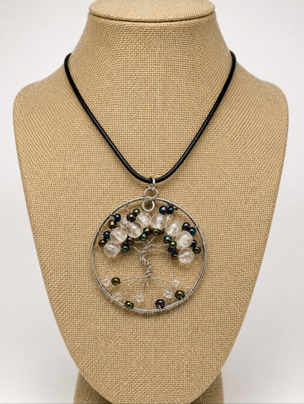 Handmade Tree of Life Pendant Necklace with Clear and Iridescent Beads